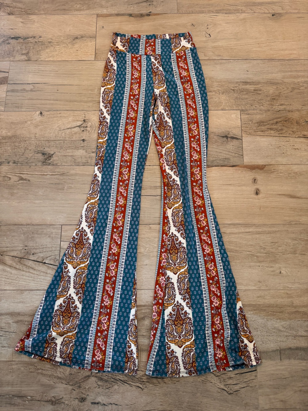 Boho Striped Paisley Print Wide-Leg Pants - Teal, Rust, White